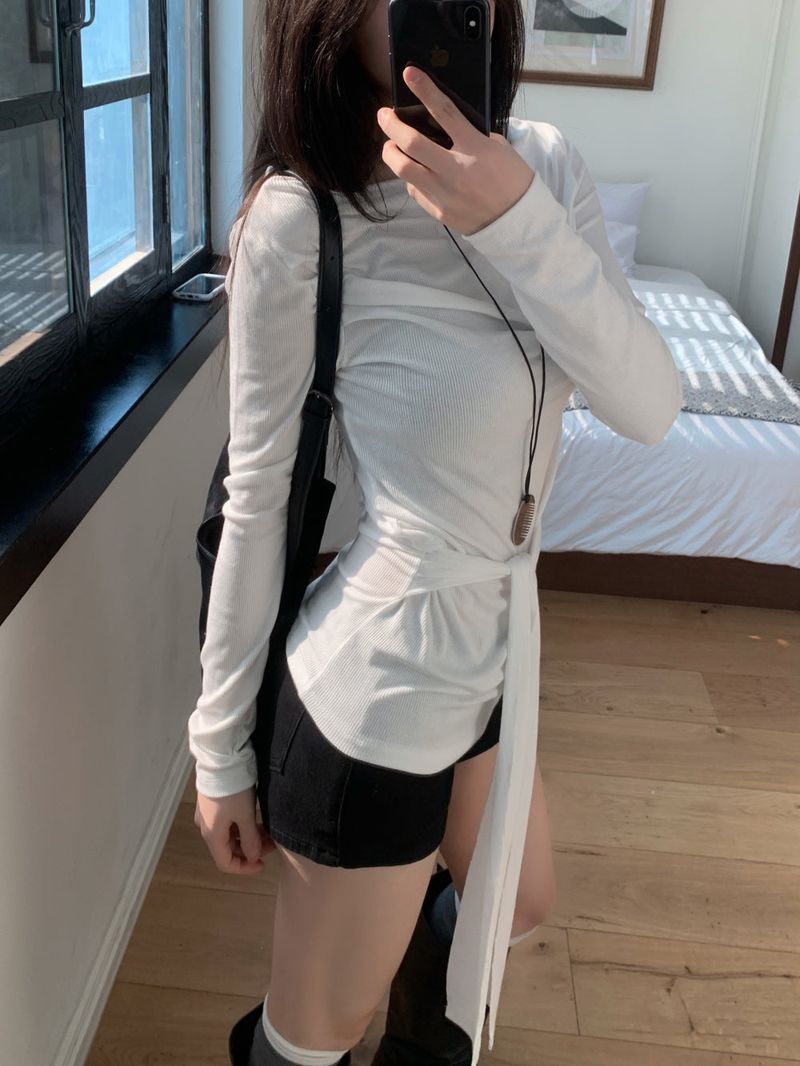 Loving Front Wrap Tie Boat Neck Long Sleeve Tee 