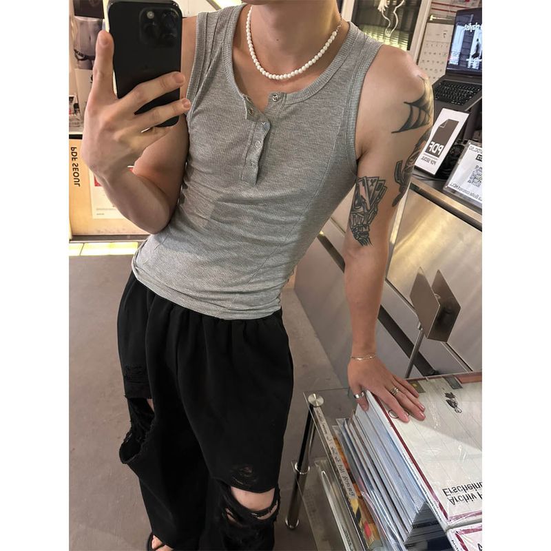 [MUSCLE FIT] Curve slit henry neck sleeveless(5color)