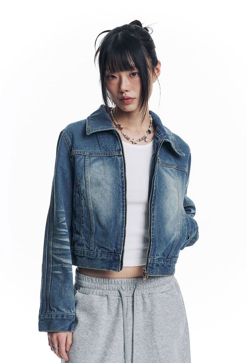 Washed Crop Track Denim Jacket - Deep Blue