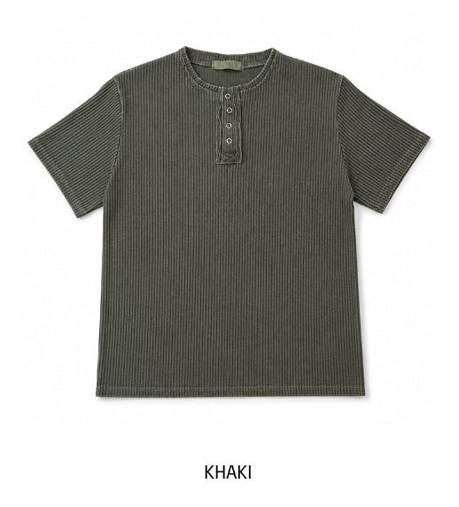 Wheat Pigment Rib Muscle Henley Neck Short Sleeve T-shirt