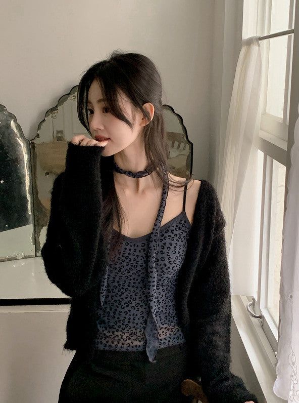 Leopard Sleeveless Blouse + Tie Set (2color)