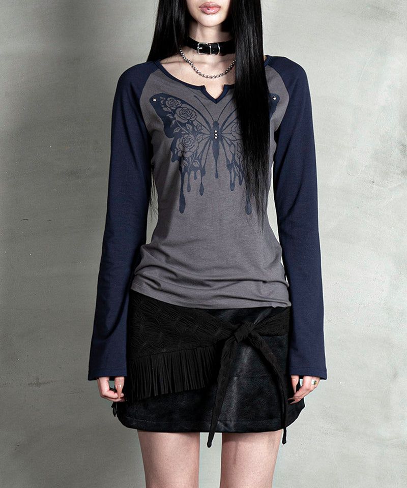 DARLING, YOU ARE BAD（YOU ARE BAD）の「ROSE BUTTERFLY RAGLAN T-SHIRT #NAVY GRAY（Tops）」
