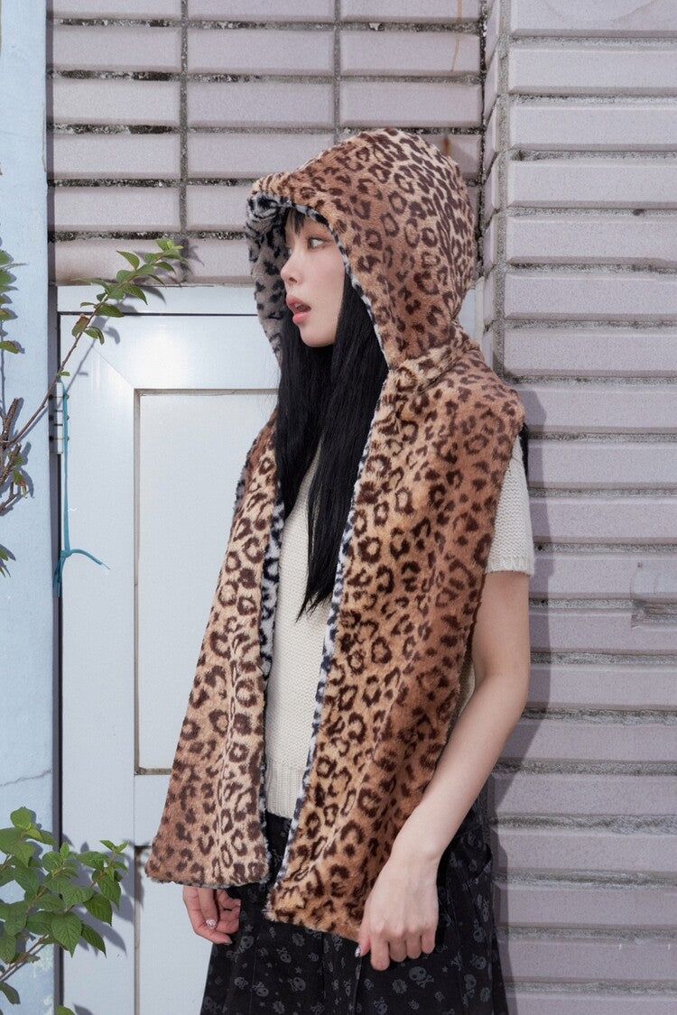 Leopard reversible hood muffler (brown)