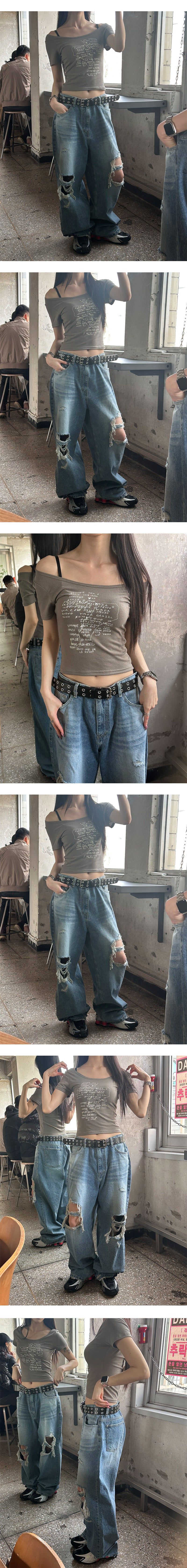  [Unisex] Knee destroyed wide denim pants