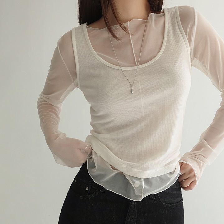 [Entiz] Wave Mesh Label Seam Sheer T-Shirt - 3 Colors