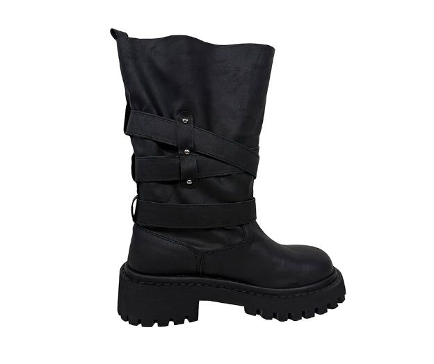  +6cm Vintage Crack Buckle Studded Mid Boots