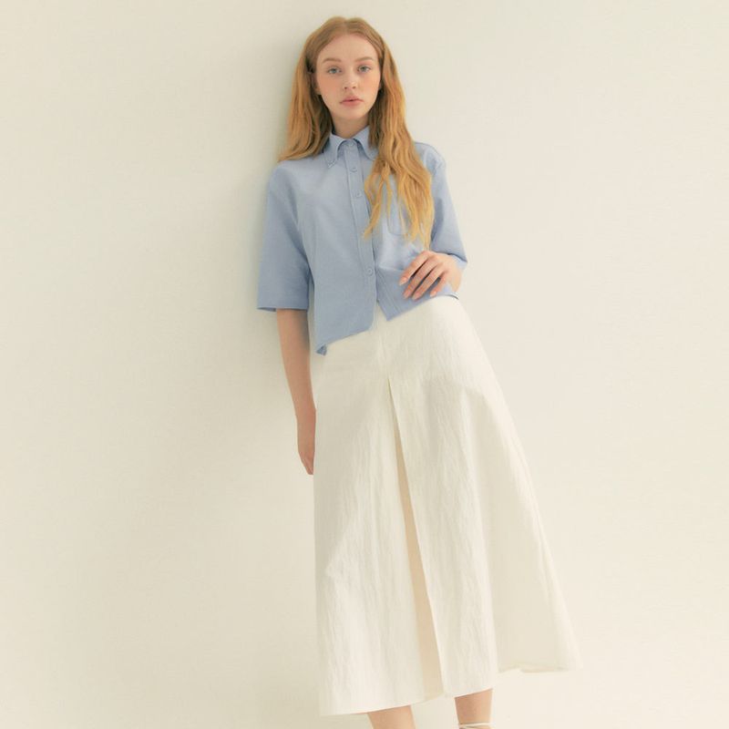 Cotton Pleats A-Line Long Skirt (Ivory)