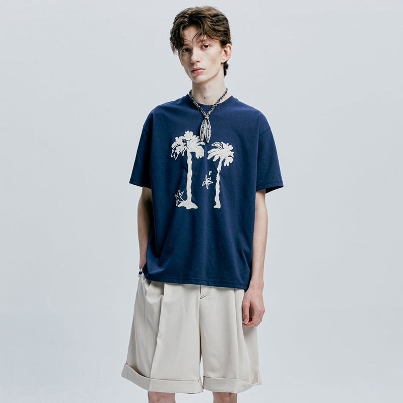 palm tree & eyelet chain needlework t-shirt navy