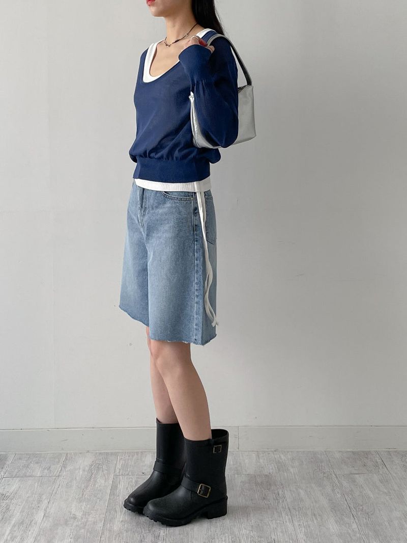Out Half-Length Wide Denim Pants