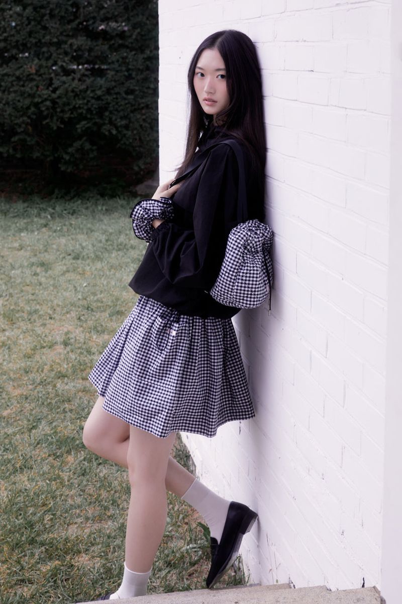 Gingham check pocket shirring mini skirt (BLACK)