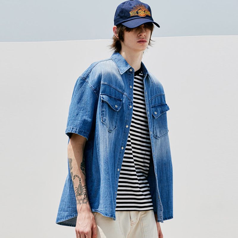 WASHED DENIM WESTERN SHIRT BLUE