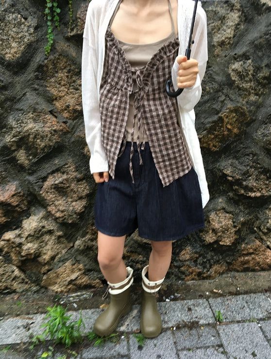 オニ チェック レイヤード ホルター スリーブレス ブラウス セット
