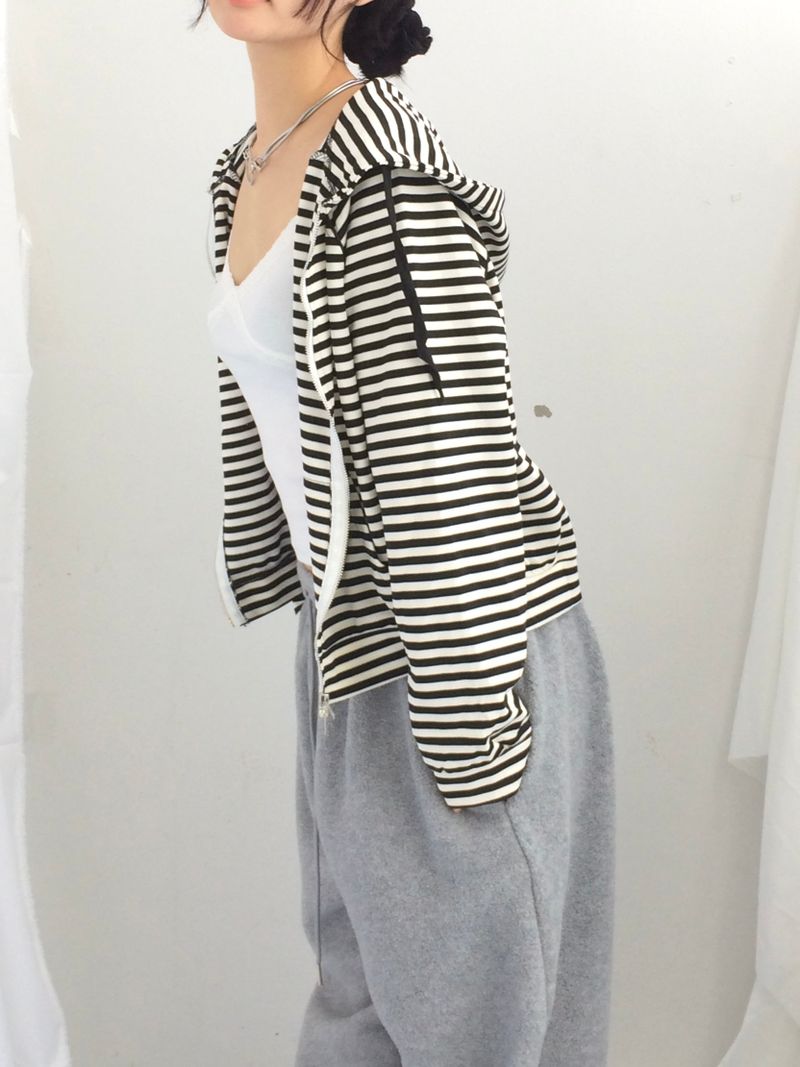 Stripe Semi-Crop Hooded Zip-Up