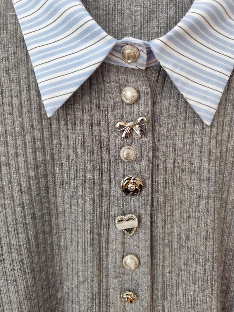 Brooklyn Silver Grey Button Craft Stripe Collar Knit Cardigan