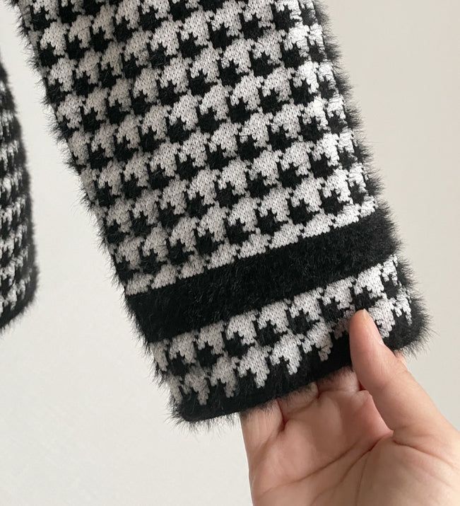 Marron Sailor Collar Hound Check Knit Jacket Cardigan