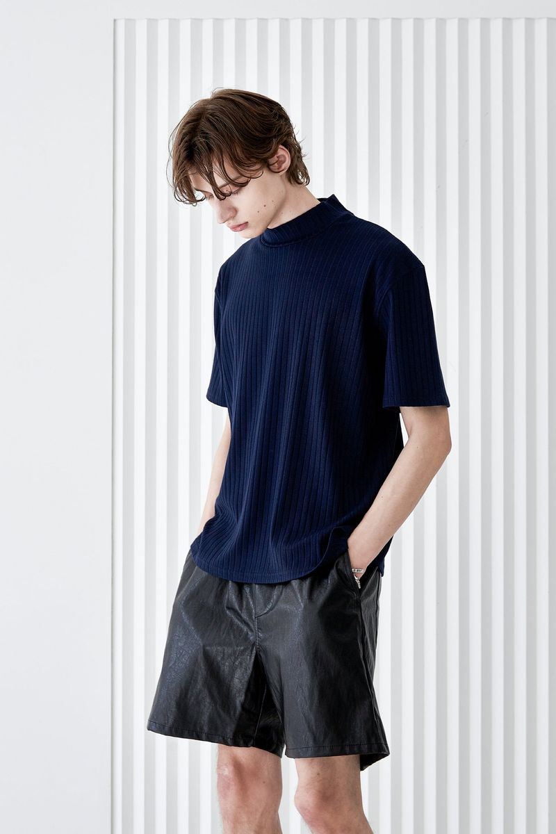 RIB MOCK NECK HALF T-SHIRT NAVY