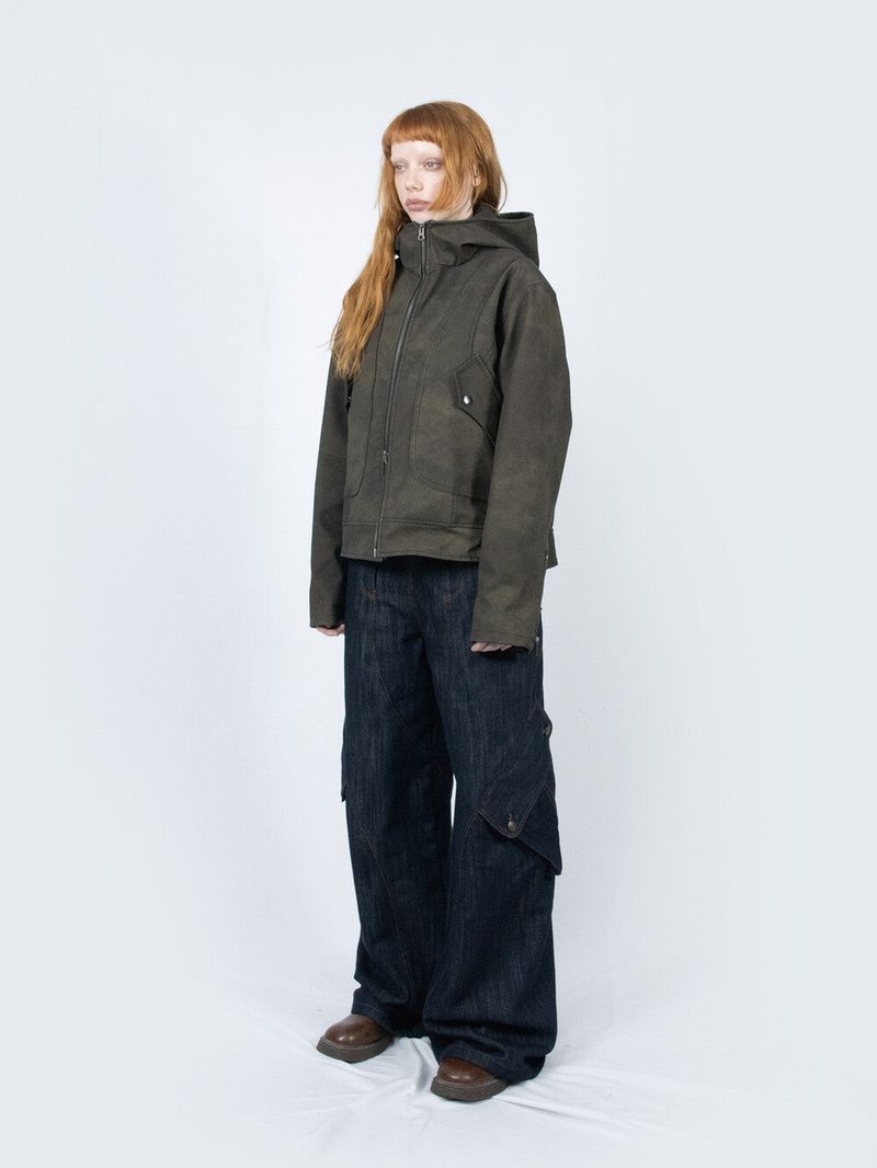 Curved Hood Leather Jacket (Khaki Black)