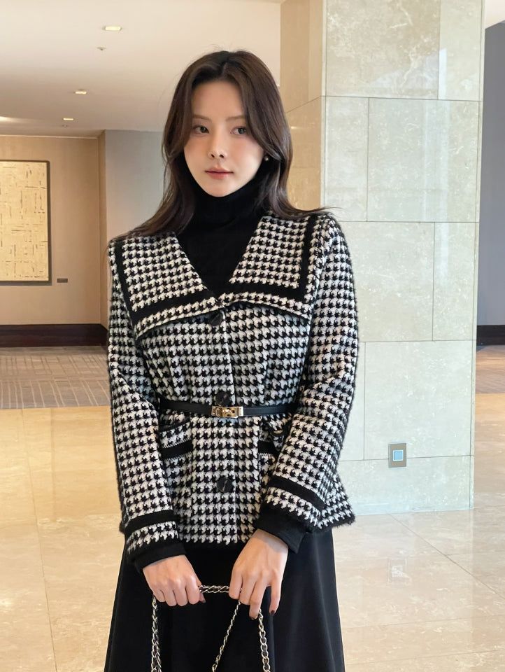 iam mari（アイアム マリ）の「Marron Sailor Collar Hound Check Knit Jacket Cardigan（Tops）」