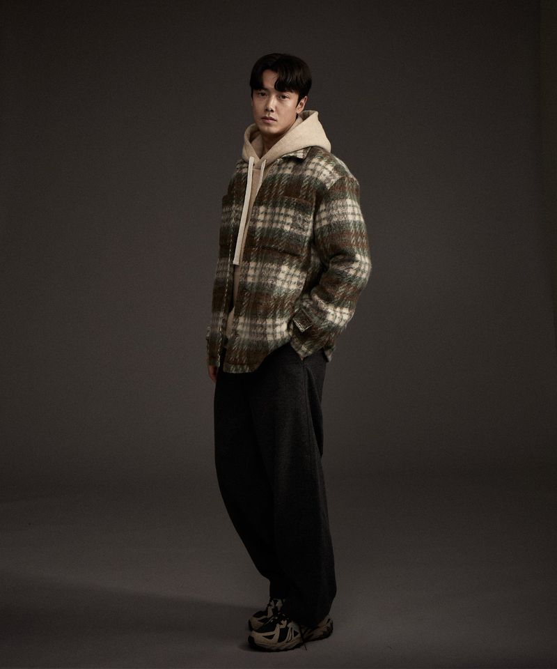 COZY HAIRY CHECK JACKET KHAKI