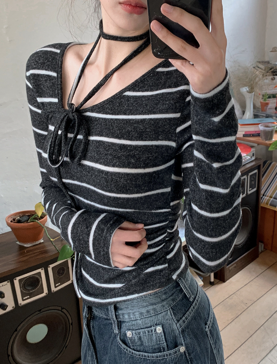 #Border Tie Point Slim Long Sleeve T-shirt (2color)