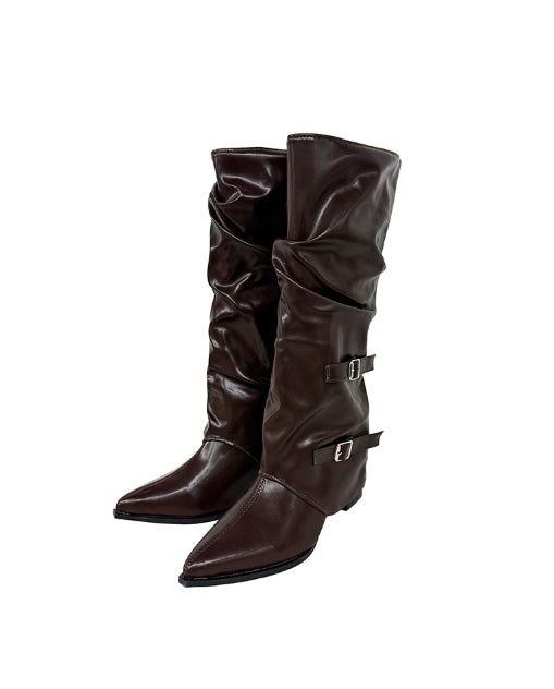 Double Buckle Shirred Stiletto Long Boots