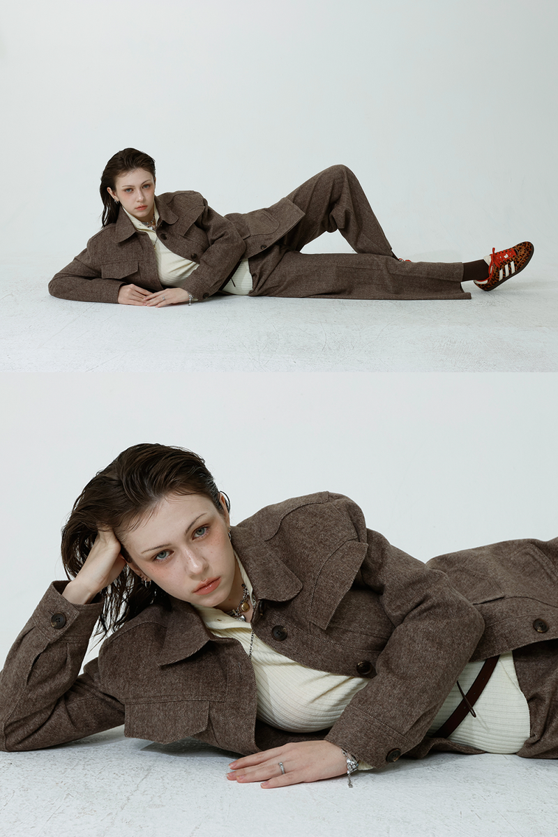HERRINGBONE HALF COAT_BROWN
