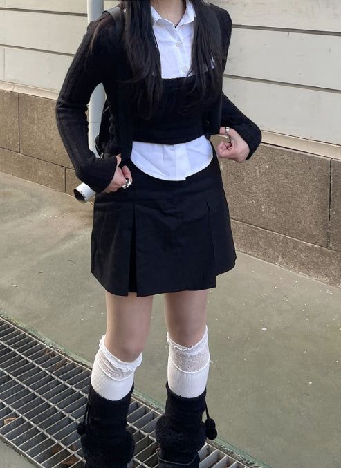 School Look Shirt Cardigan Layered Set