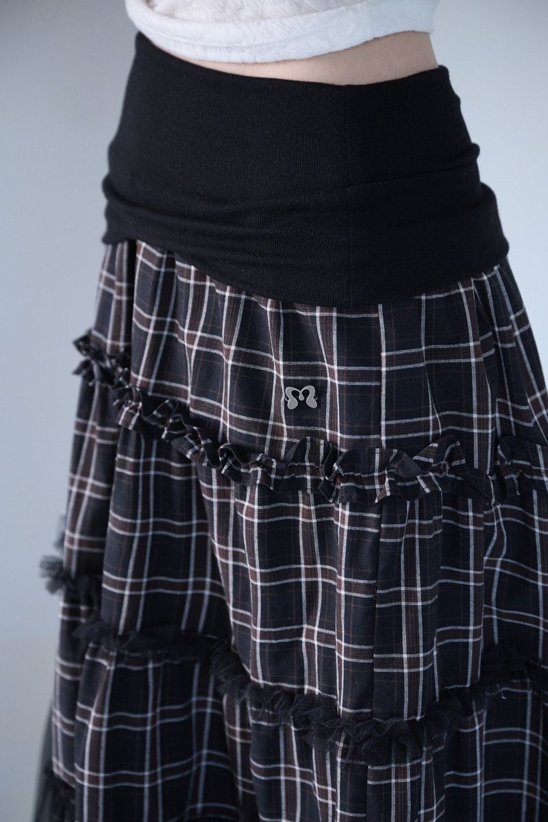 FOLDED CHECK FRILL MESH SK BLACK
