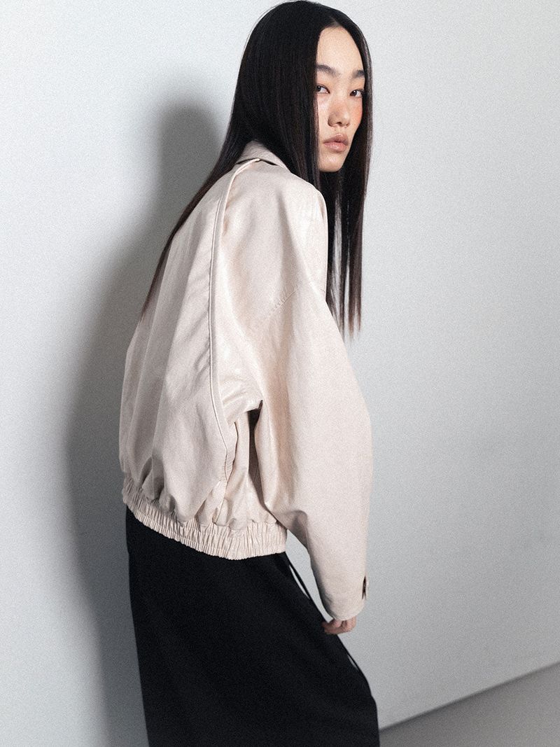 Glossy Leather Bomber Jacket_Ivory
