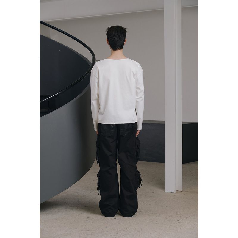 Brushed crop u neck long sleeves(White)