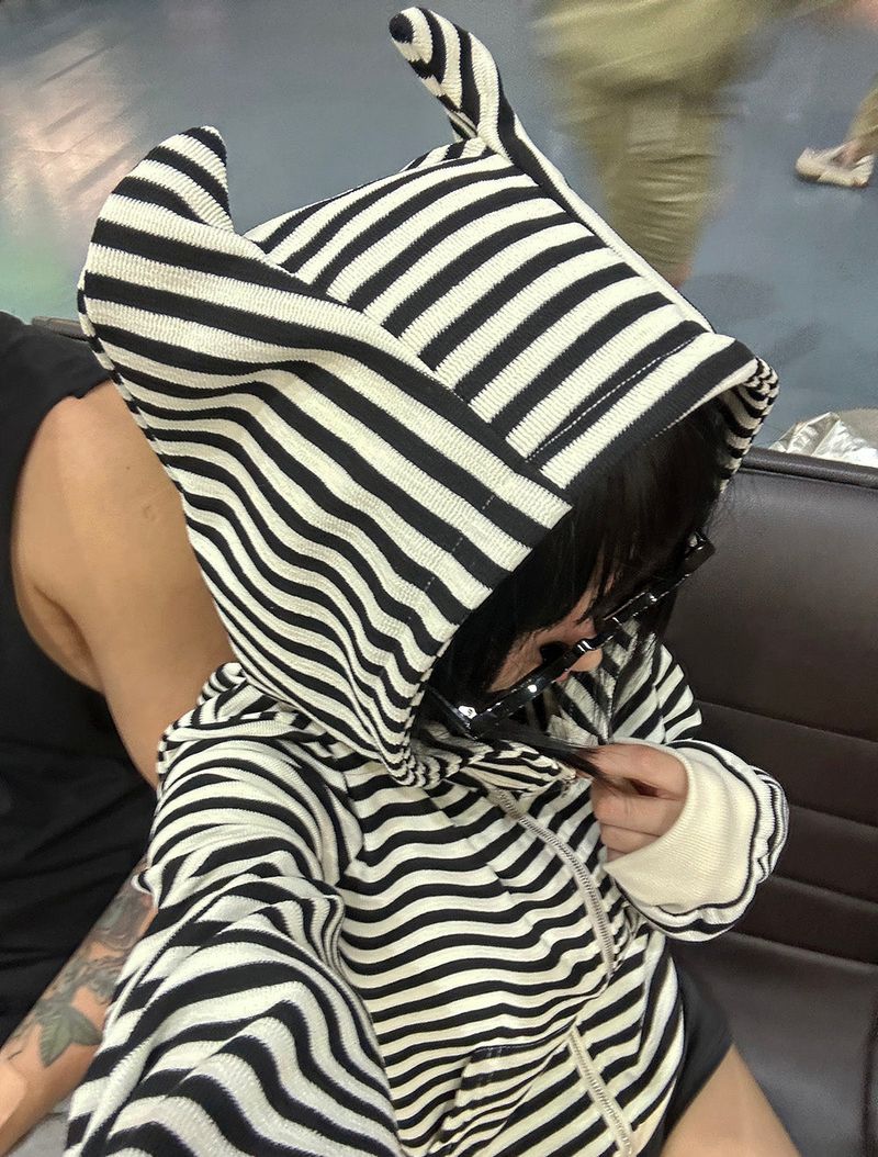 Angma Eared Hooded Stripe Zip-Up Jacket