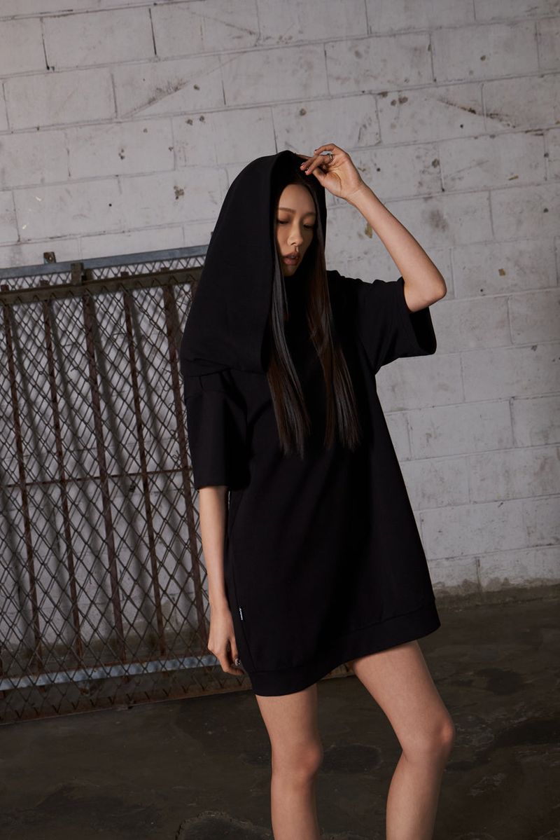 2Way Big Hood Off-Shoulder Mini Dress - Black
