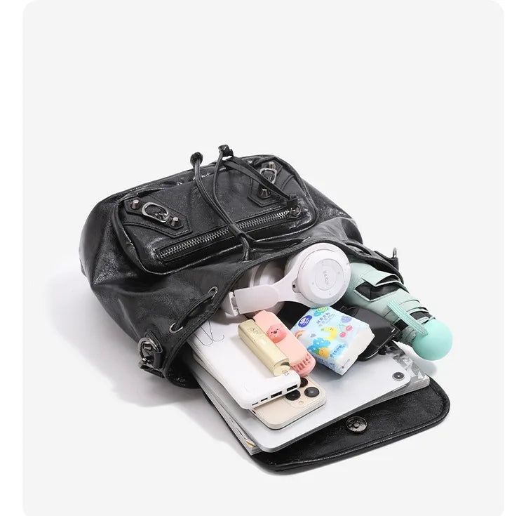 Y2K Oil-Waxed Leather Pocket Mini Backpack 2-Way