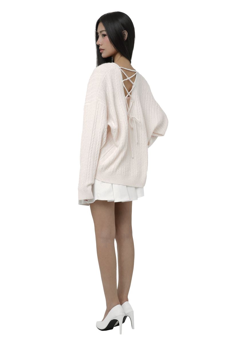 Hugging ribbon pleated skirt, White