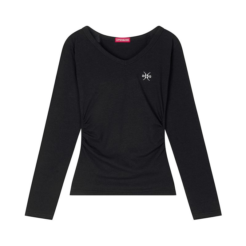 kitsch&kiss（キッチアンドキス）の「Shirred V-Neck Embroidered Long Sleeve (26FTP-LSTS05)（Tops）」
