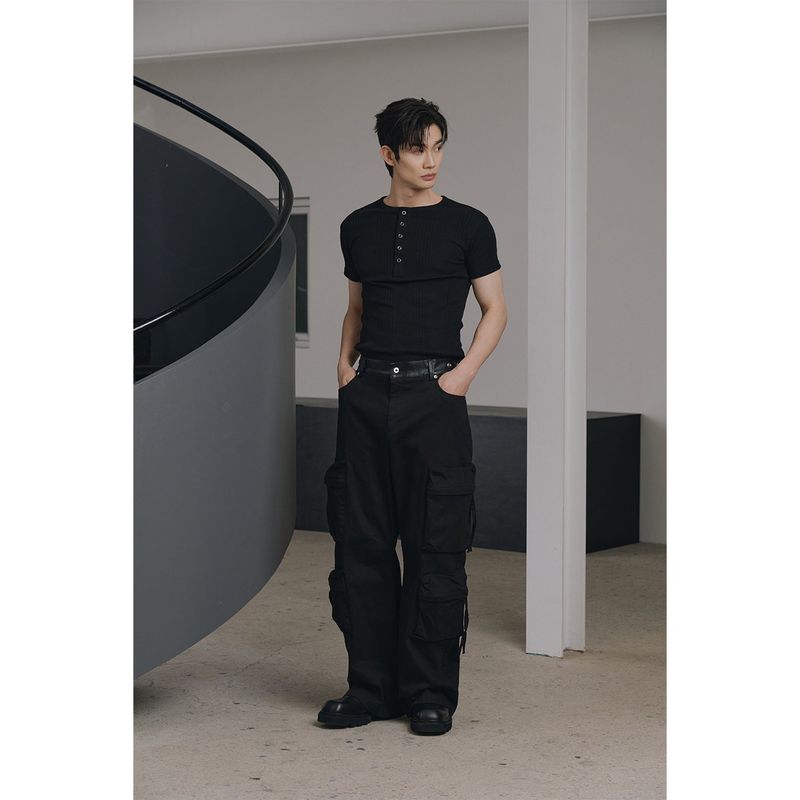 High ribbed henry neck half sleeves(Black)