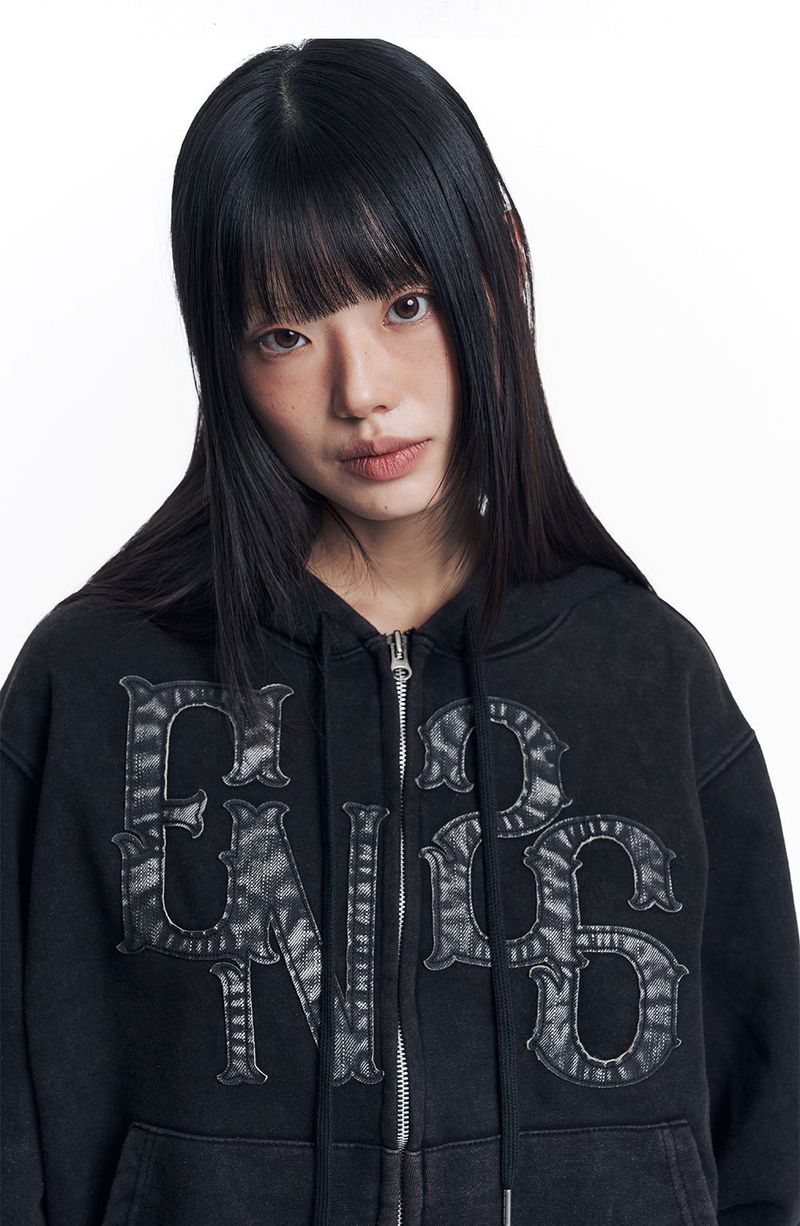 Washed Leather Patch Hooded Zip-Up - Black