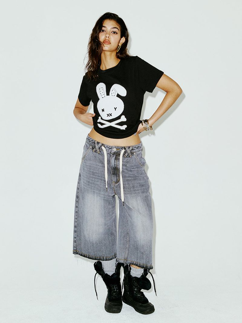 STRING CAPRI DENIM PANTS GREY