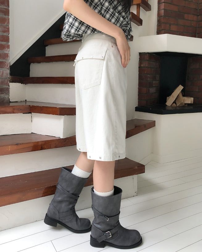 Two-Buckle Shirred Biker Boots