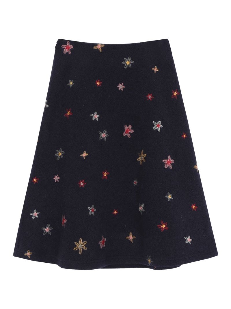 floral embroidered flare wool midi skirt