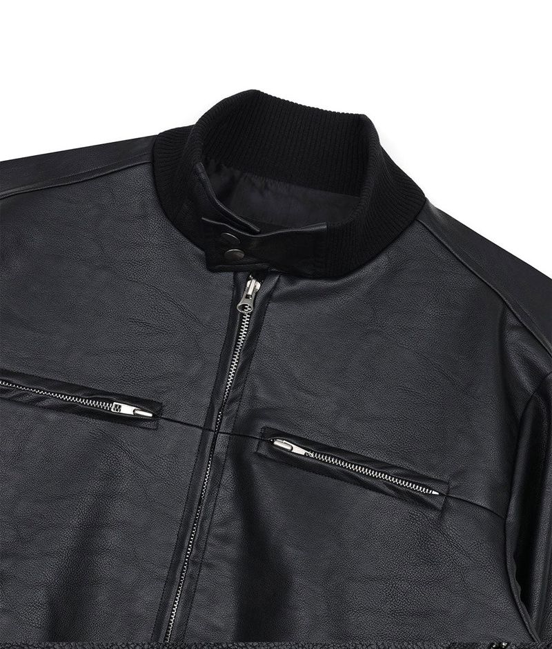 High Neck Leather Crop Jacket - Black