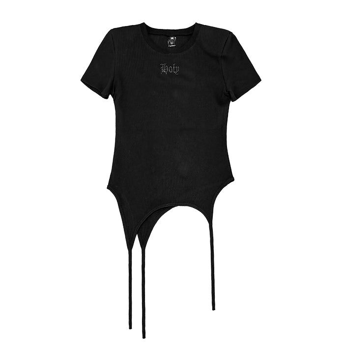 ショルダーパデットワッフルTシャツ _ ブラック