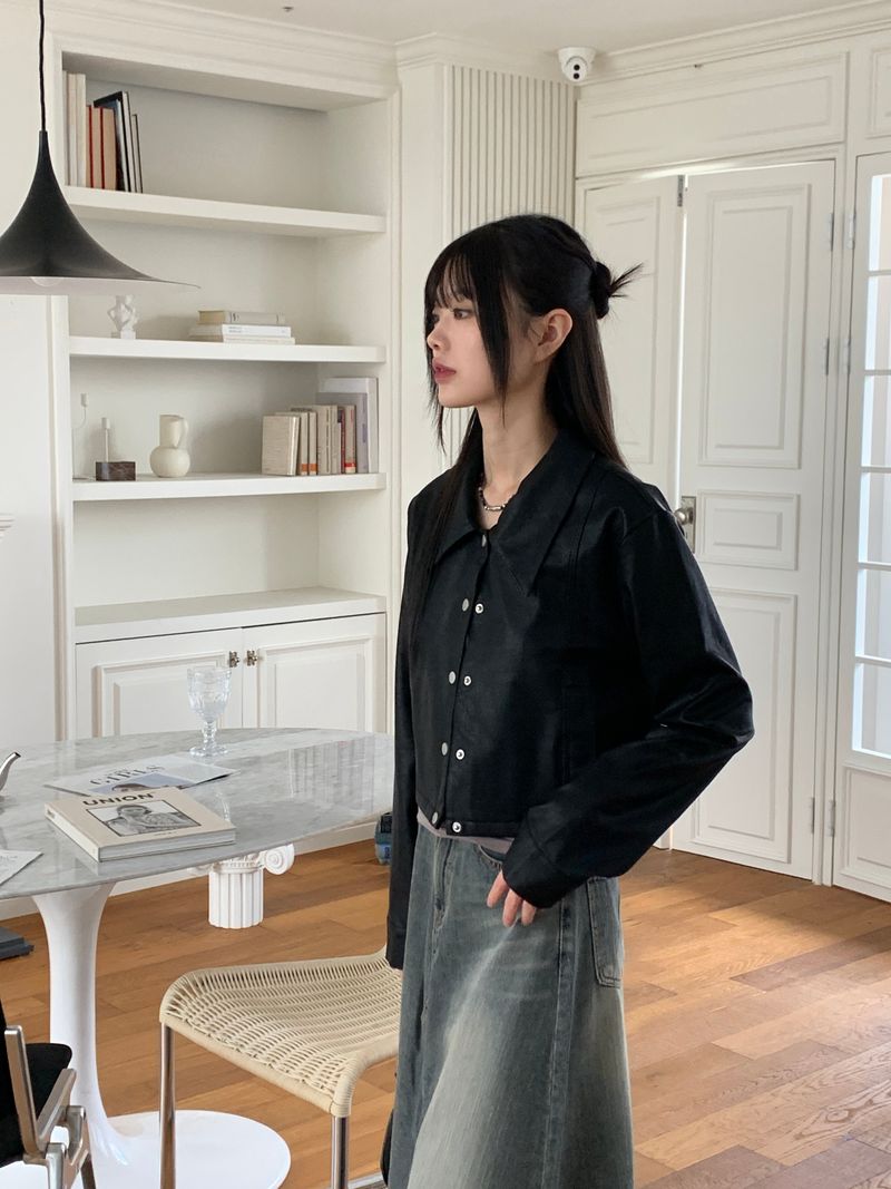 [MADE] Lawson wide collar slim crop crack leather leather jacket