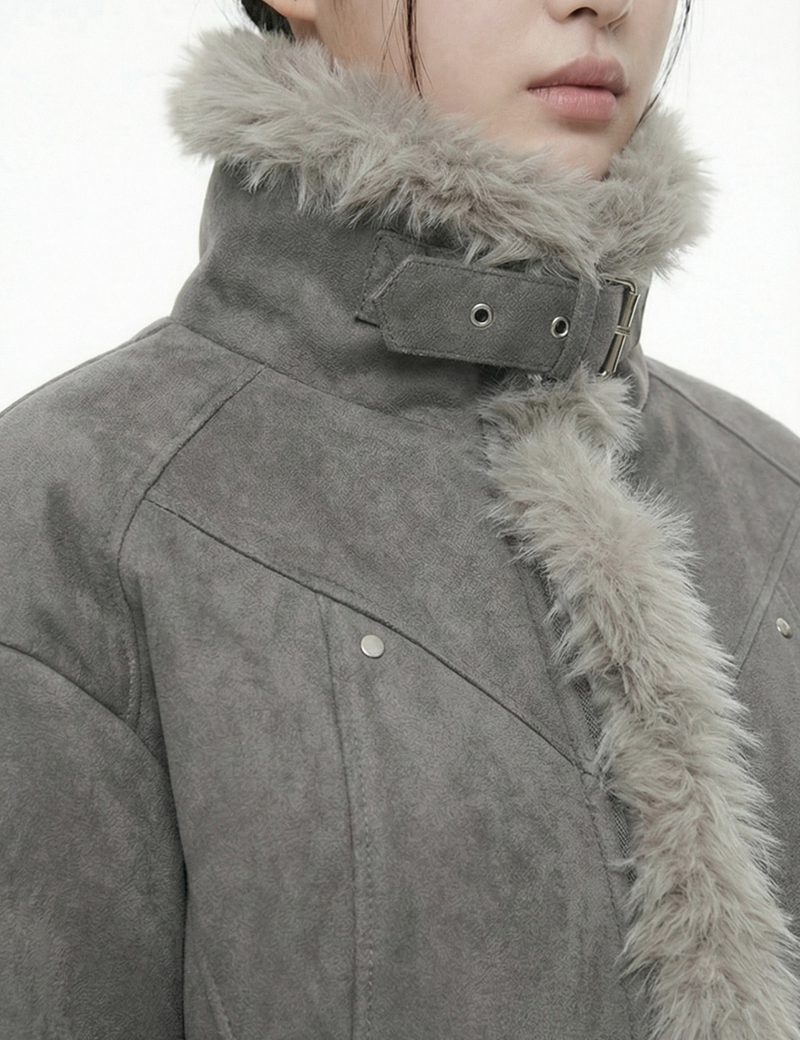 Aaron High-Neck Fur-Trim Short Mustang