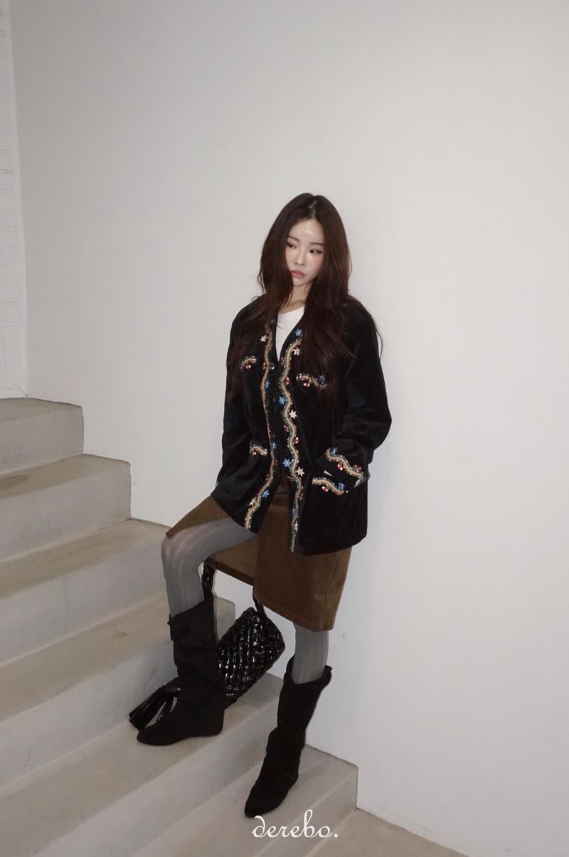 French velvet embroidered no collar jacket