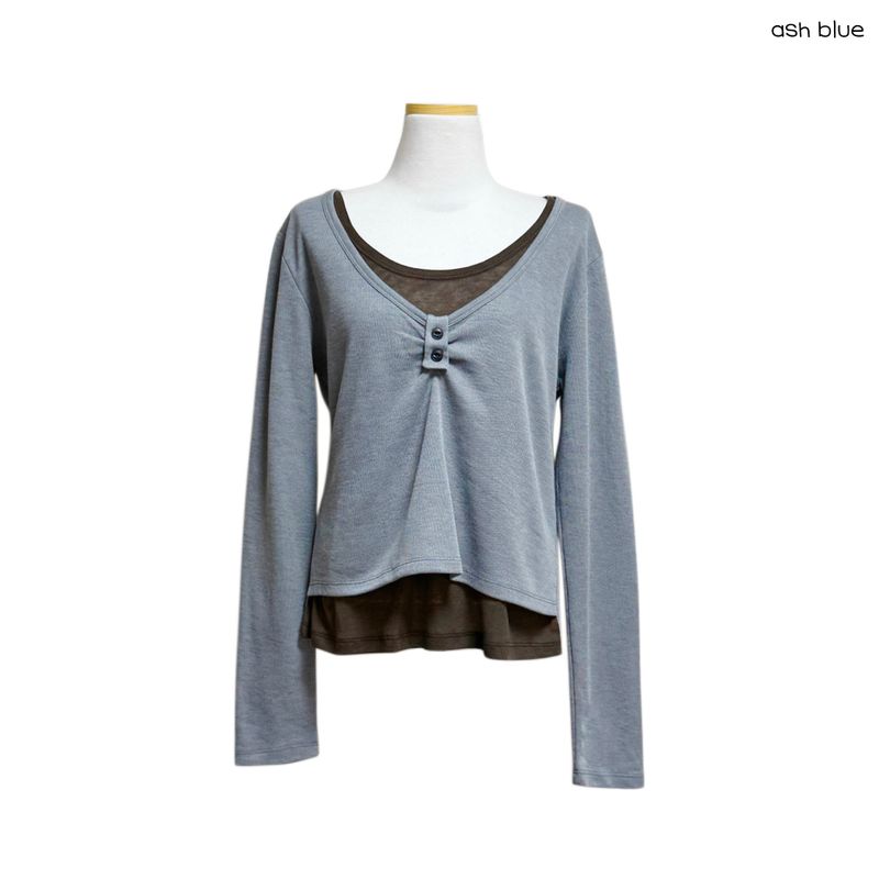 (3color) Shirring Button Layered Wool Knit Tee