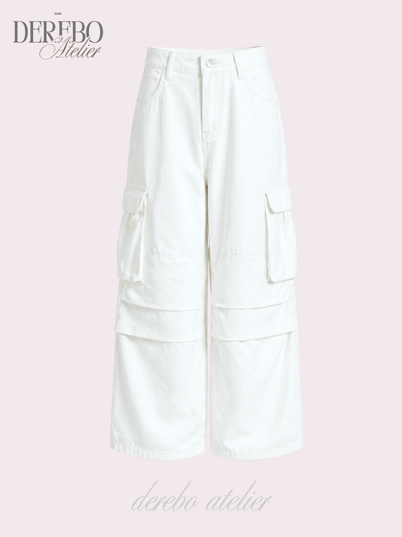 white wide pocket cotton casual pants
