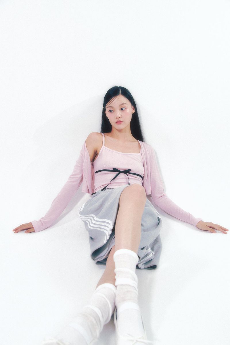 Knit Ribbon Shirring Top Set Pink