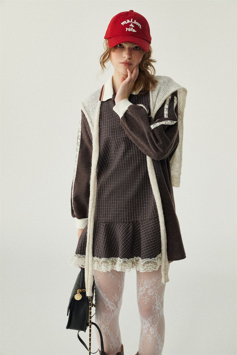 Lace Patchwork Check Sweatshirt Dress