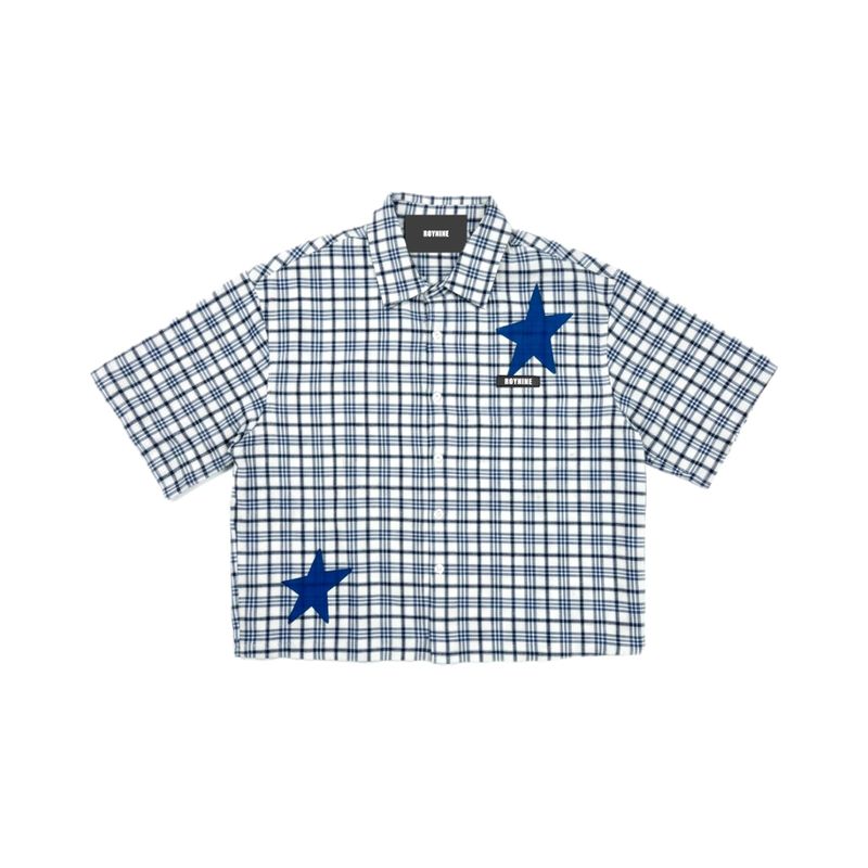 ROYNINE（ロイナイン）の「Light Blue Crop Short Sleeve Check Shirt（Tops）」